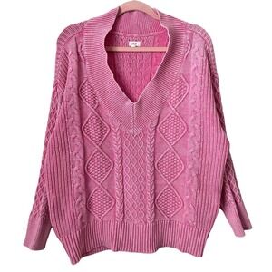 Aerie Sweater Womens Medium Pink Cable Knit V-Neck Oversized Cotton Dolman Knit